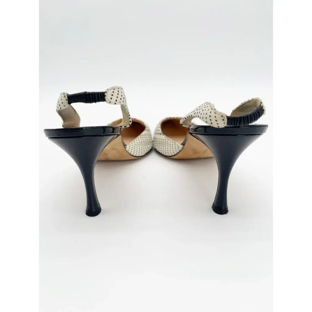 Manolo Blahnik Vintage Black White Polka Dot Cap Toe Slingback Heels IT 42